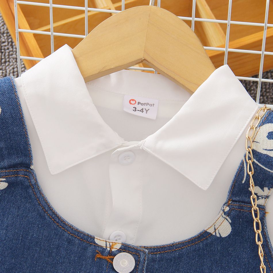 2pcs Toddler Girl Elegant  Butterfly Print Denim Vest and Lapel Collar Button Design Fashionable White Shirt Dress Set White big image 2