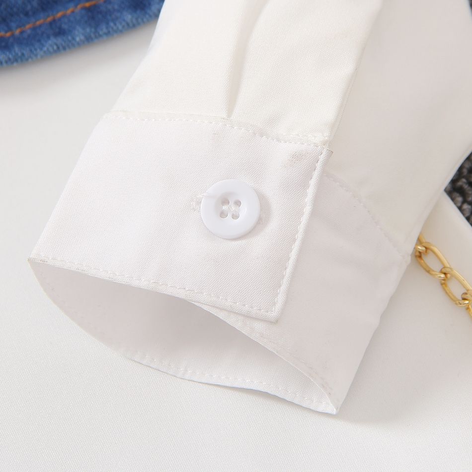 2pcs Toddler Girl Elegant  Butterfly Print Denim Vest and Lapel Collar Button Design Fashionable White Shirt Dress Set White big image 4