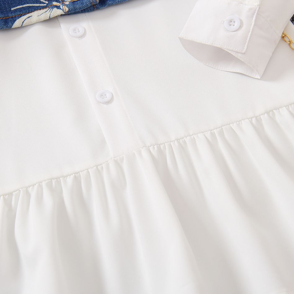 2pcs Toddler Girl Elegant  Butterfly Print Denim Vest and Lapel Collar Button Design Fashionable White Shirt Dress Set White big image 5