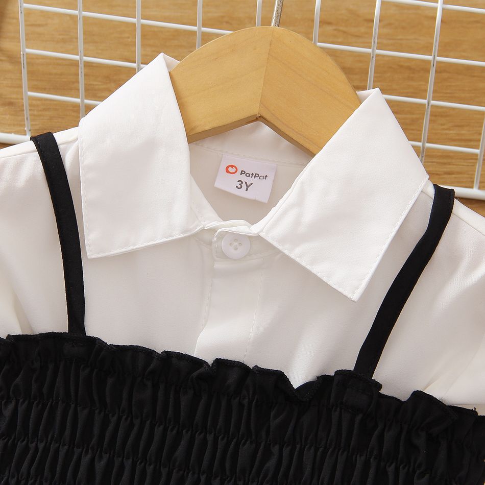 2pcs Toddler Girl Trendy Lapel Collar Long-sleeve Shirt Dress and Smocked Camisole Set White big image 2