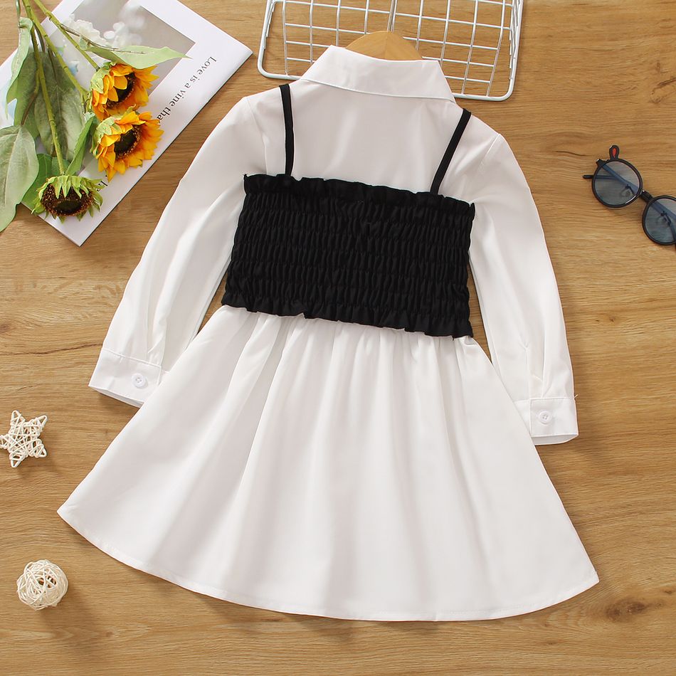 2pcs Toddler Girl Trendy Lapel Collar Long-sleeve Shirt Dress and Smocked Camisole Set White