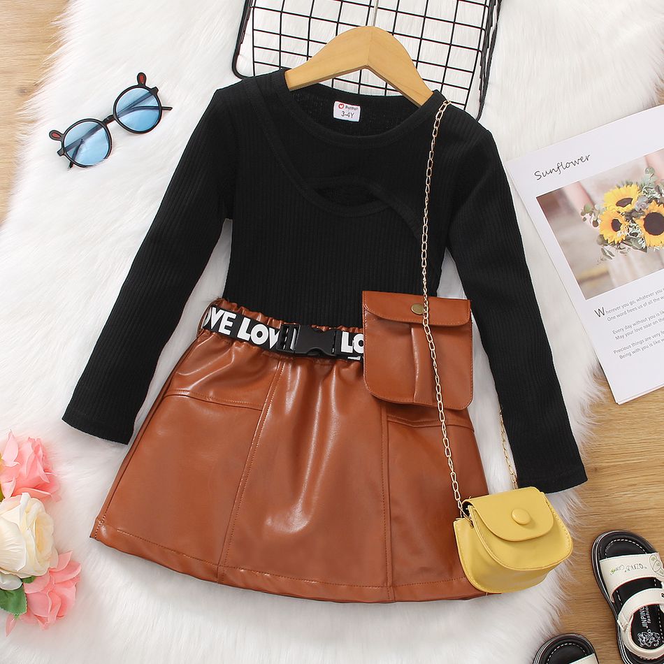 3pcs Toddler Girl Trendy Waist Bag & Cut Out Tee and PU Belted Skirt Set Black
