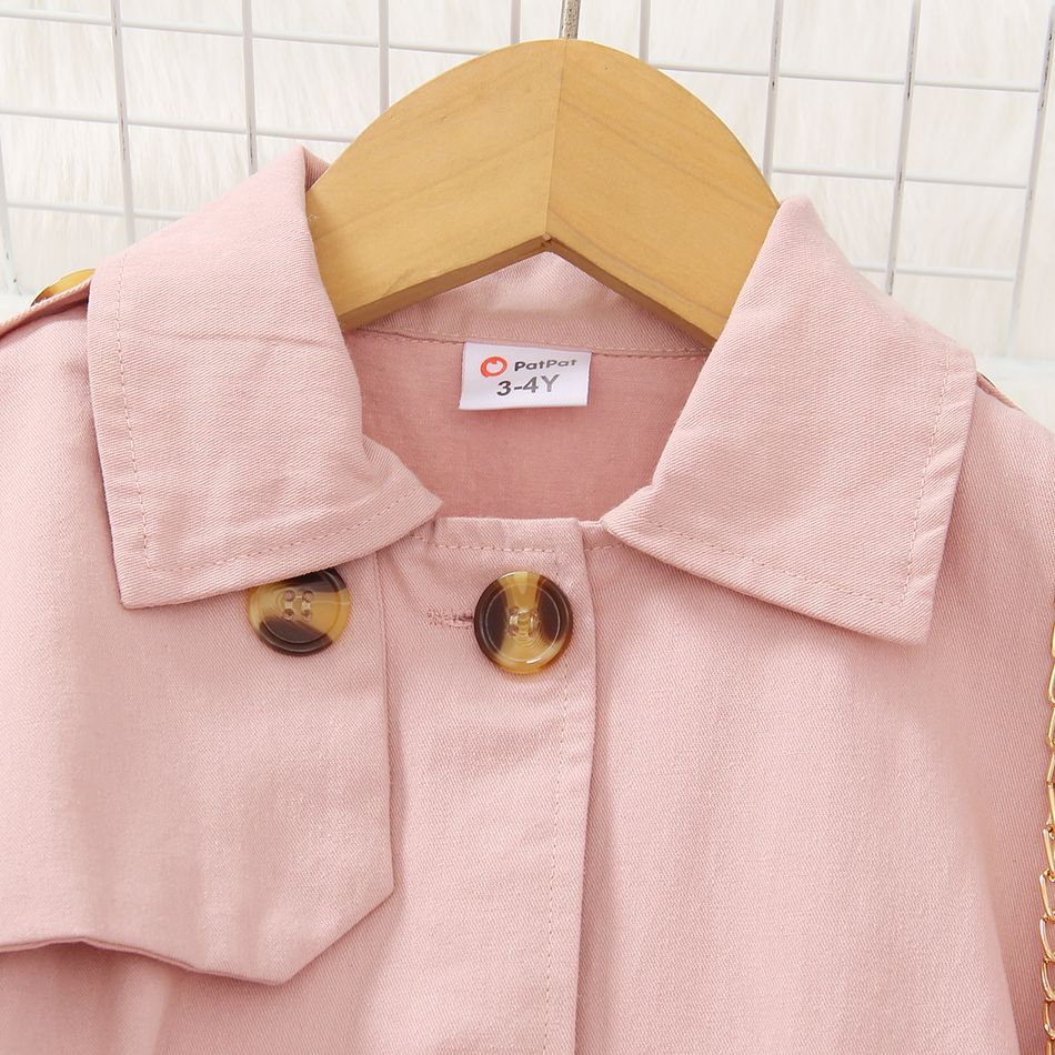 Toddler Girl Elegant Lapel Collar Belted Pink Trench Coat Pink big image 2