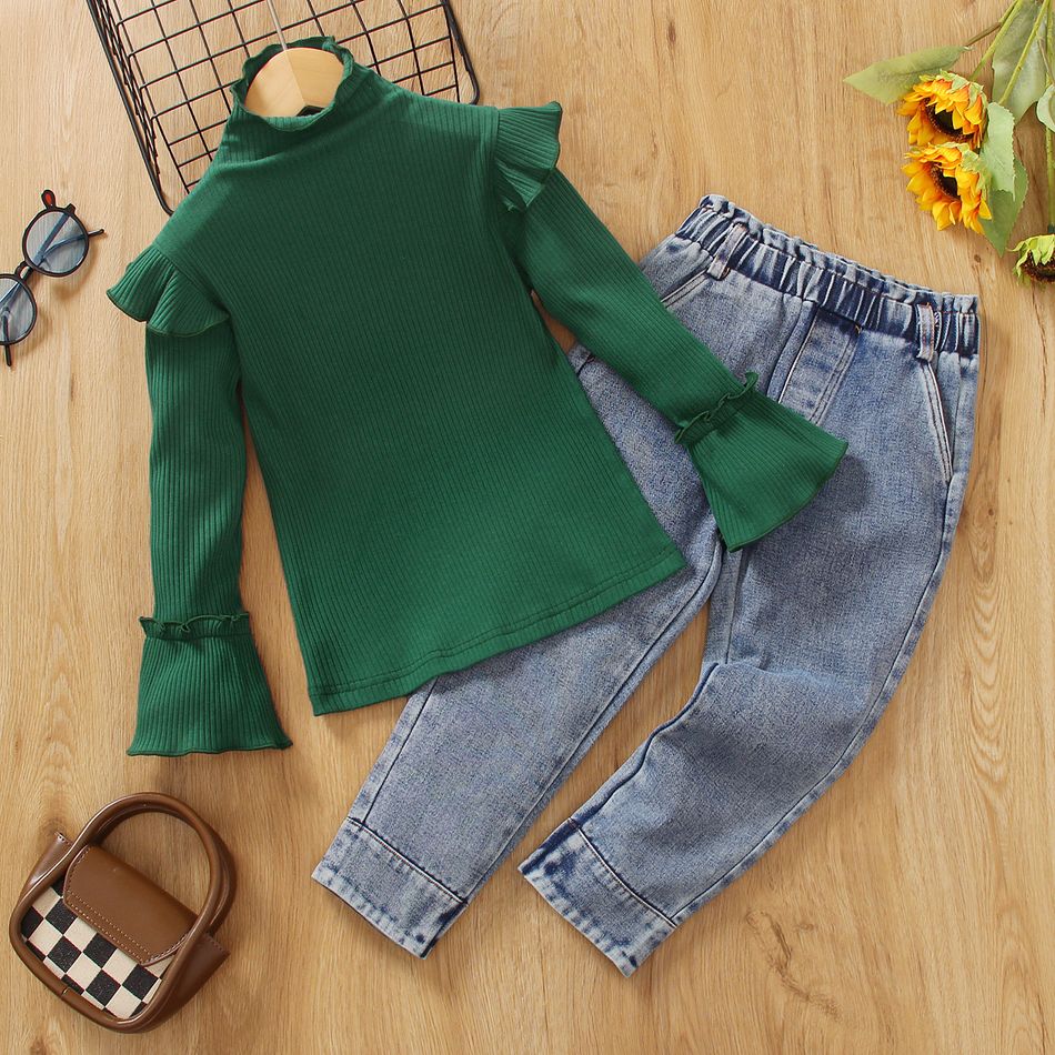 2pcs Toddler Girl Sweet Denim Jeans and Turtleneck Ruffled Bell sleeves Tee set Green big image 2