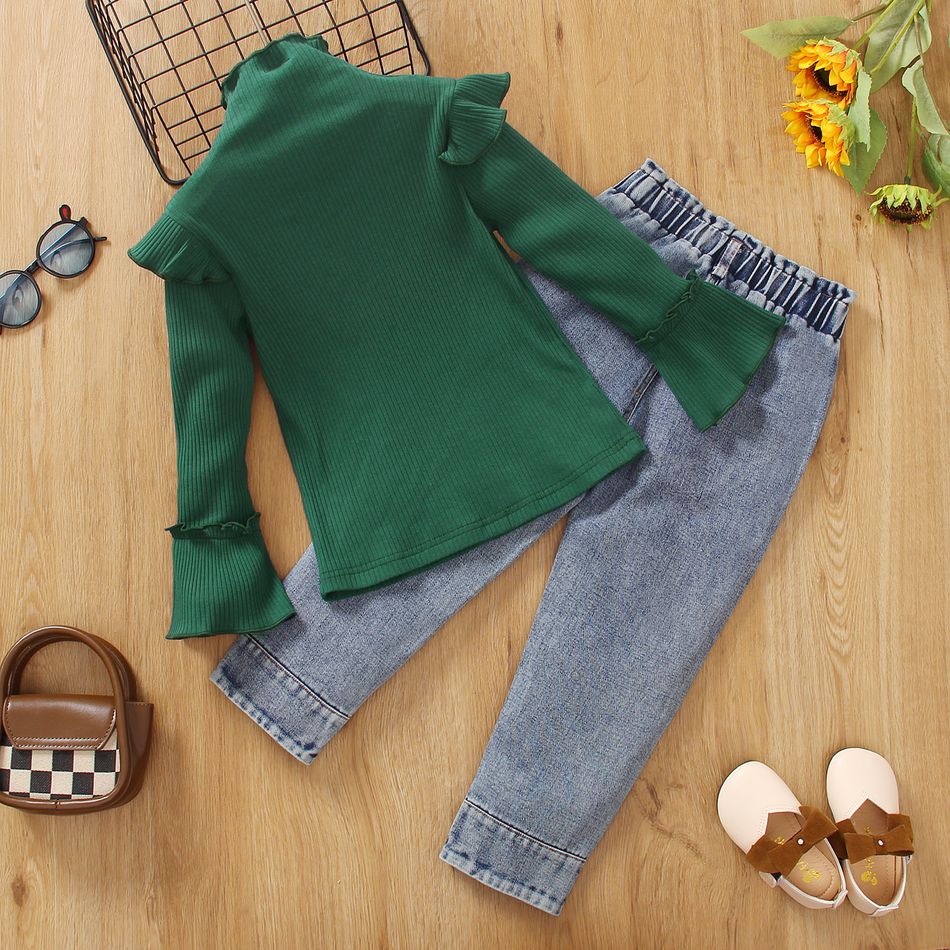 2pcs Toddler Girl Sweet Denim Jeans and Turtleneck Ruffled Bell sleeves Tee set Green