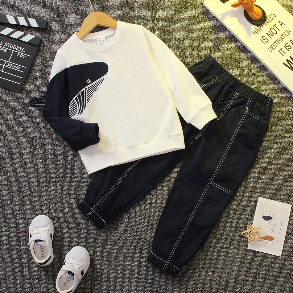 2pcs Toddler Boy 3D Shark Design Sweatshirt and Black Pants Set blue+white big image 1