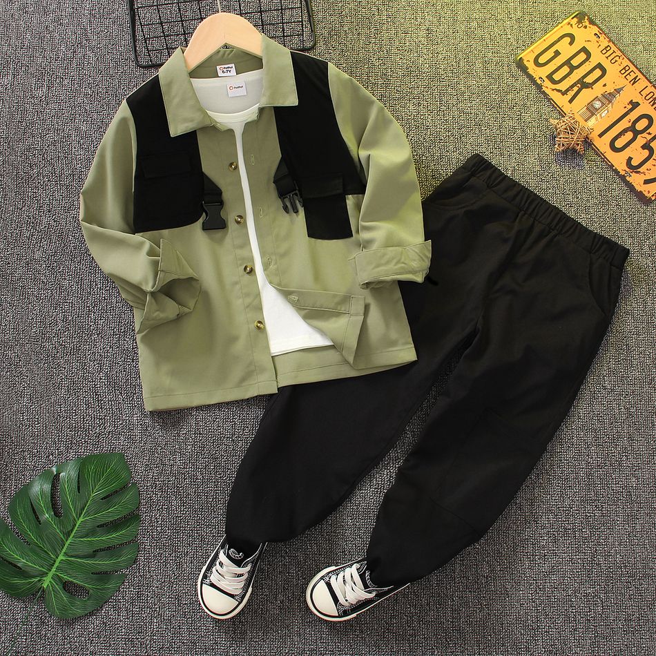 2pcs Kid Boy Colorblock Buckle Design Long-sleeve Shirt and Black Pants Set Green big image 2