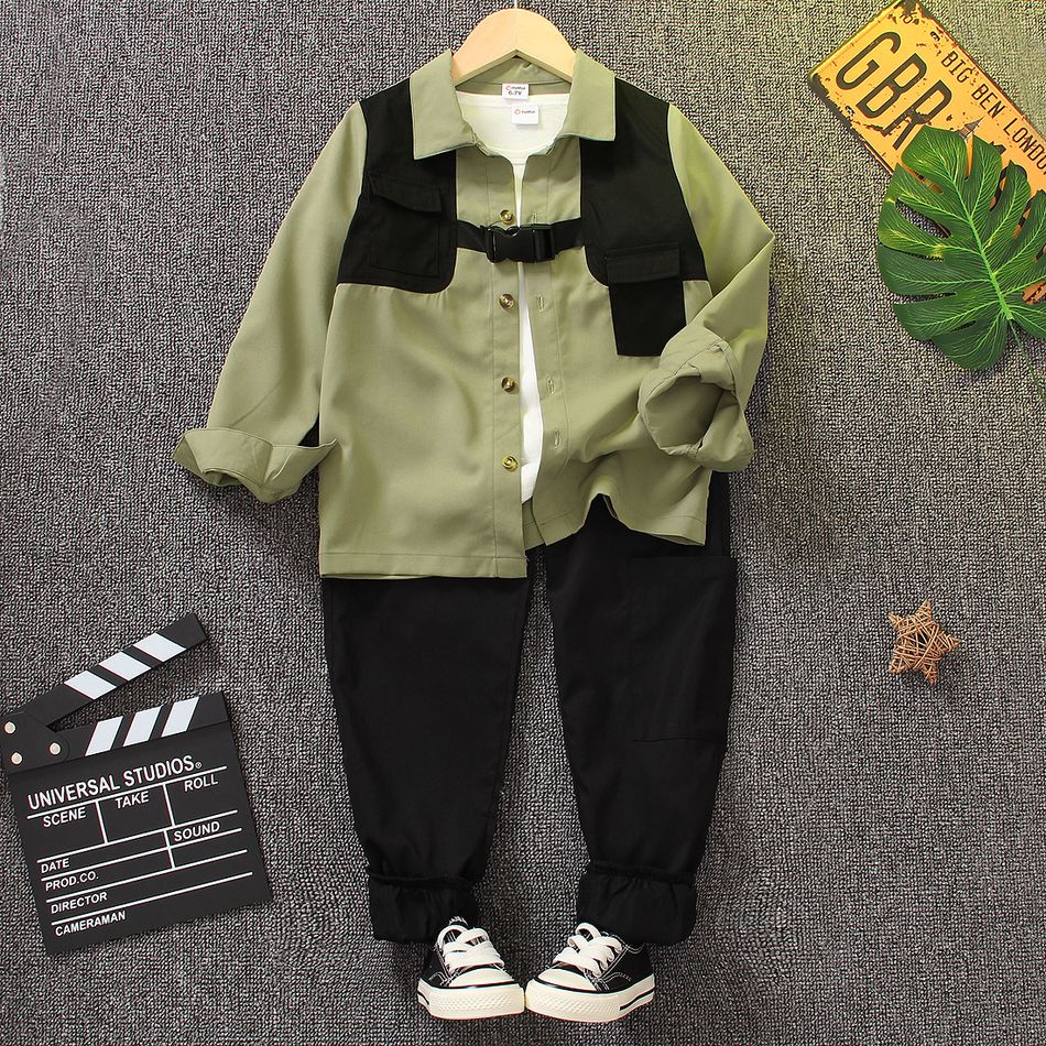 2pcs Kid Boy Colorblock Buckle Design Long-sleeve Shirt and Black Pants Set Green