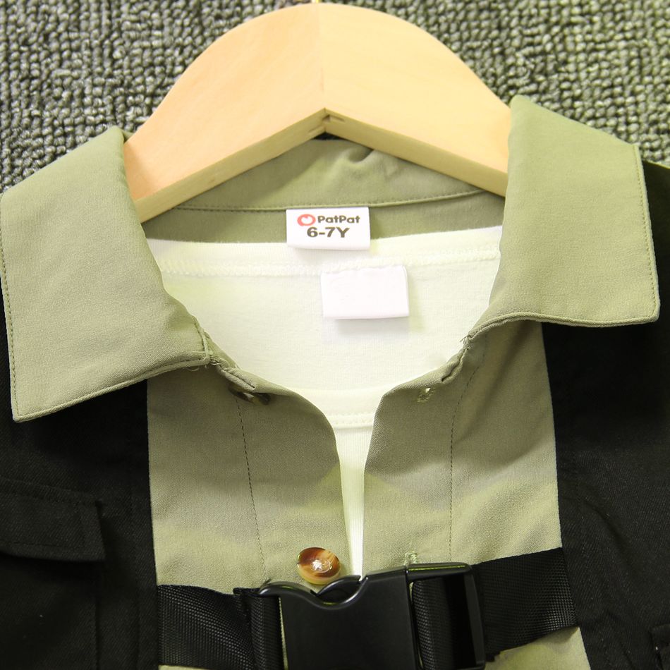 2pcs Kid Boy Colorblock Buckle Design Long-sleeve Shirt and Black Pants Set Green big image 4