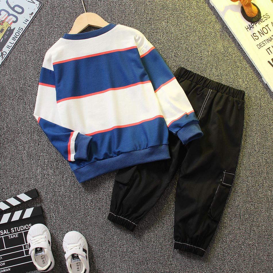 2pcs Toddler Boy Trendy Stripe Colorblock Sweatshirt and Pocket Design Pants Set Blue big image 2