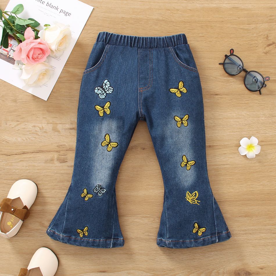 Toddler Girl Butterfly Embroidered Flared Denim Jeans Blue
