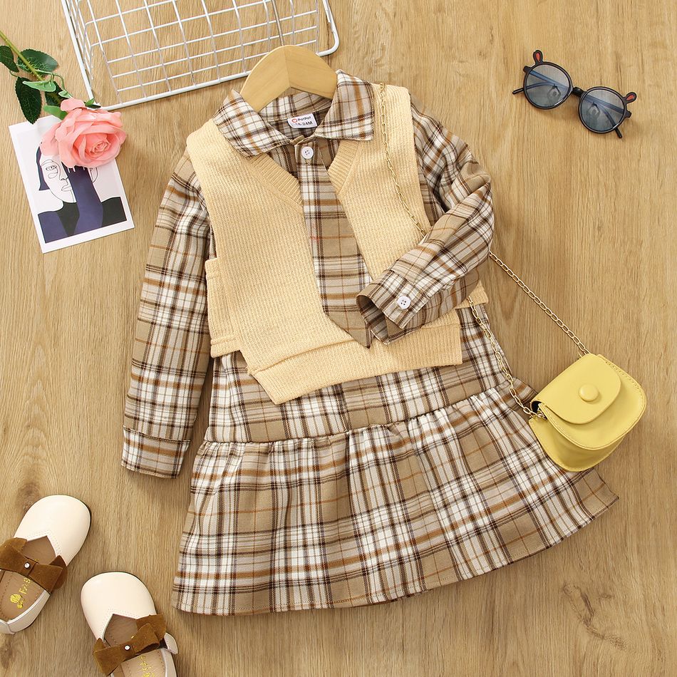 2pcs Toddler Girl Preppy style Lapel Collar Plaid Dress with Necktie and Vest Set Brown