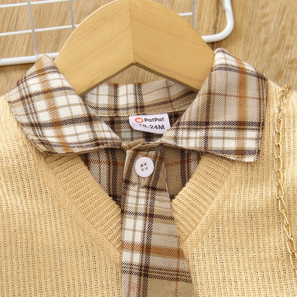 2 قطع طفل فتاة نمط preppy طية صدر السترة اللباس منقوشة مع ربطة العنق ومجموعة سترة بنى big image 3