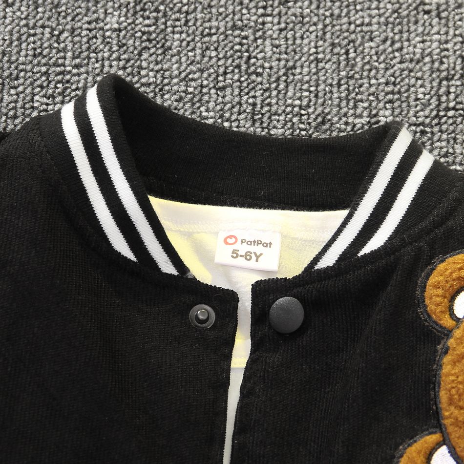 Kid Girl Bear Embroidered Fleece Splice Bomber Jacket Black big image 3