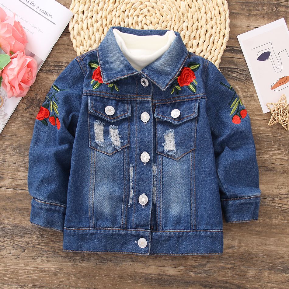 Toddler Girl Sweet Floral Embroidered Lapel Collar Denim Jacket DENIMBLUE