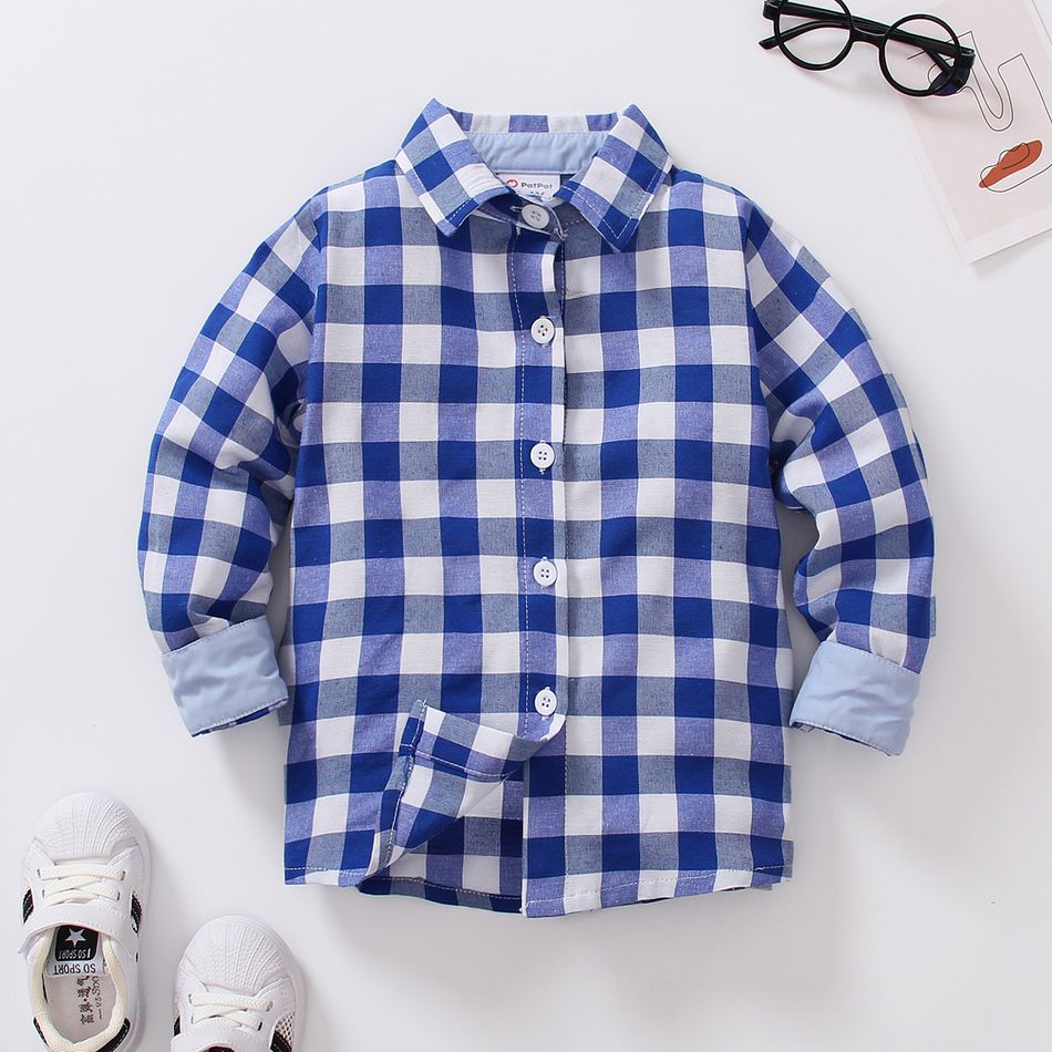 Toddler Boy Classic Plaid Lapel Collar Long-sleeve Shirt Blue big image 1