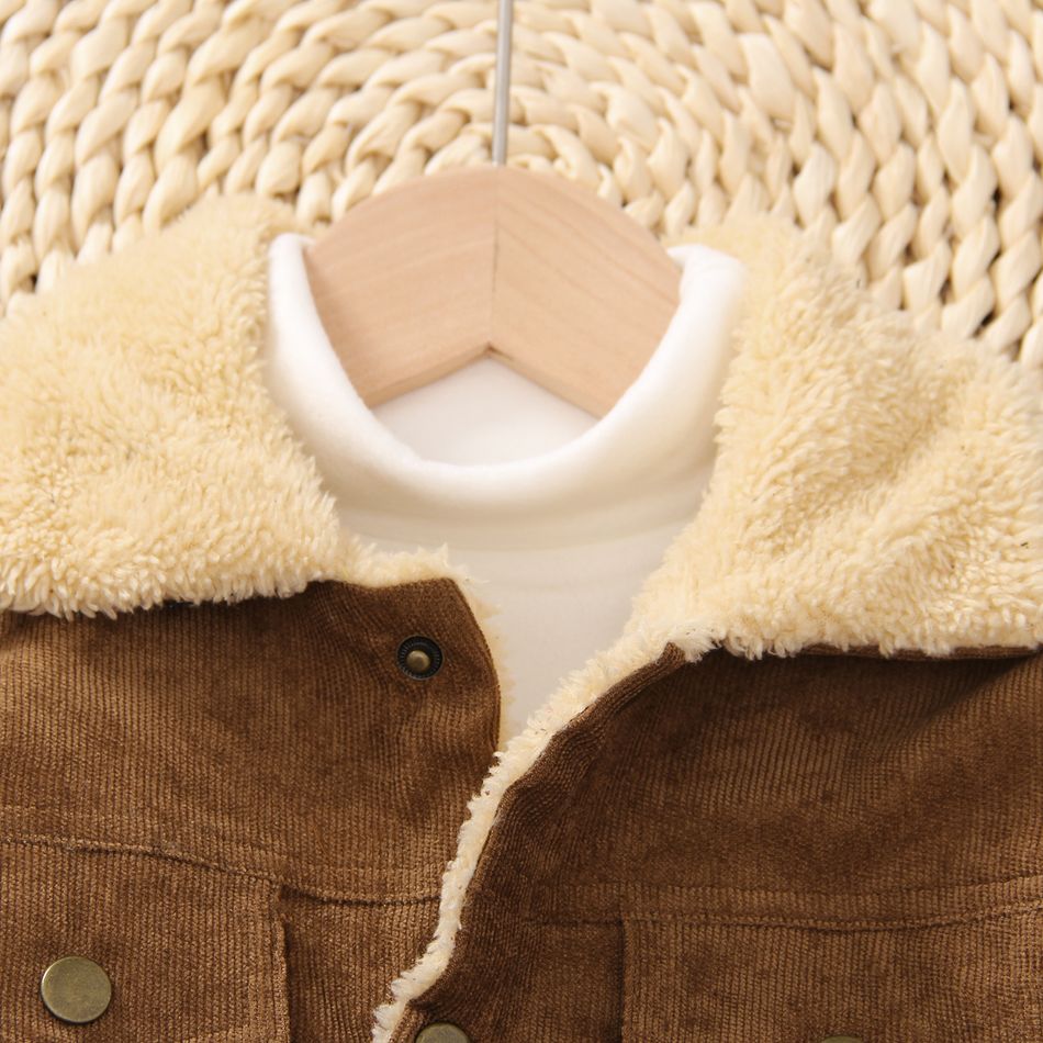 Kid Boy/Kid Girl Fleece Lined Lapel Collar Button Design Corduroy Coat Brown big image 3