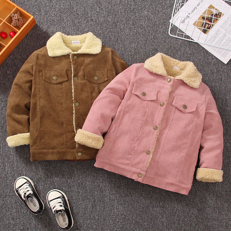 Kid Boy/Kid Girl Fleece Lined Lapel Collar Button Design Corduroy Coat Brown big image 2