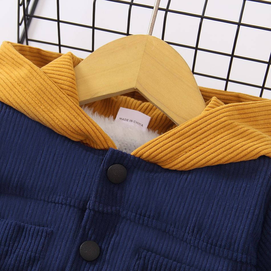 Baby Boy Bear Design Thermal Lined Colorblock Hooded Long-sleeve Corduroy Jacket Blue big image 3