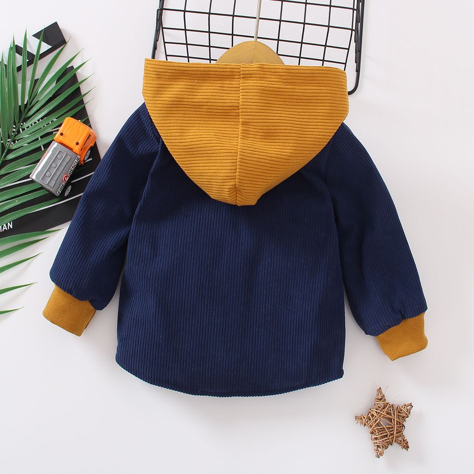 Baby Boy Bear Design Thermal Lined Colorblock Hooded Long-sleeve Corduroy Jacket Blue big image 6