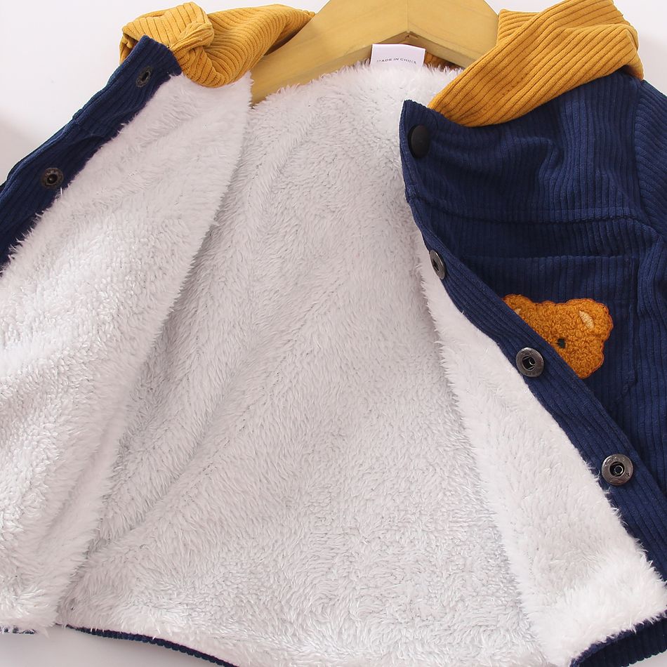 Baby Boy Bear Design Thermal Lined Colorblock Hooded Long-sleeve Corduroy Jacket Blue big image 2