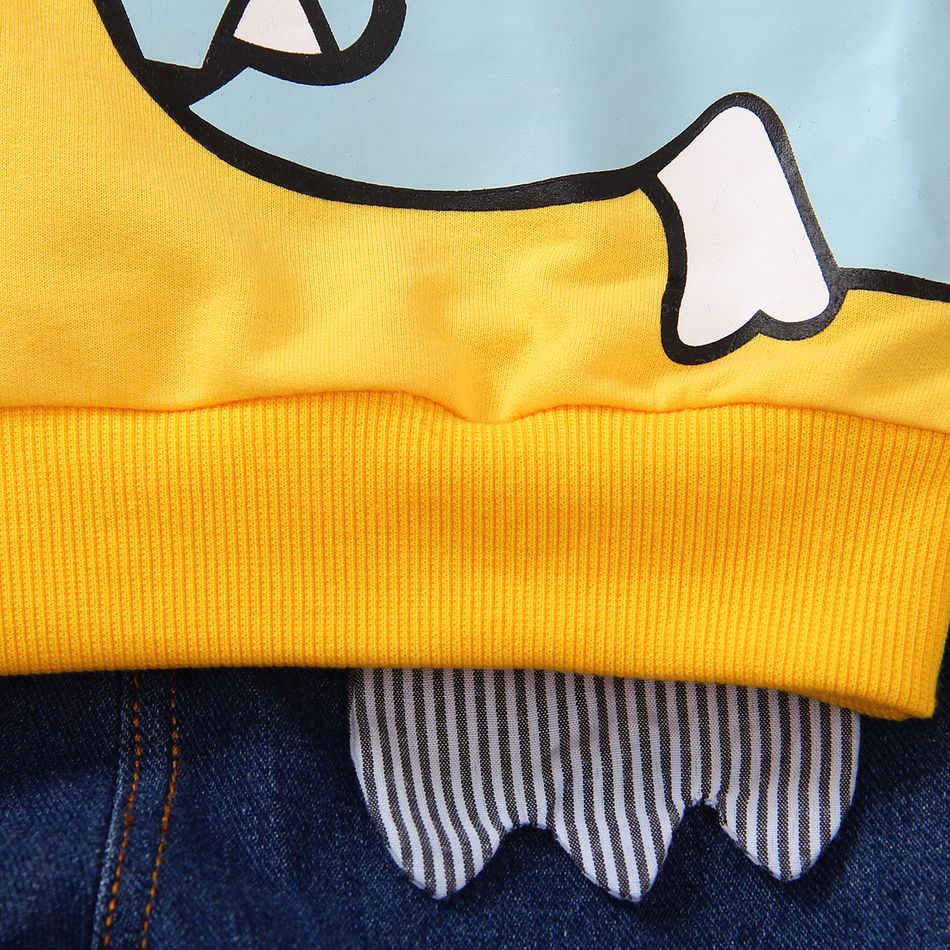 2pcs Toddler Boy Playful Denim Jeans and Pretty Dinosaur Print Spike Design Sweatshirt Set Yellow big image 4