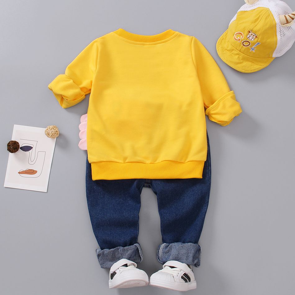 2pcs Toddler Boy Playful Denim Jeans and Pretty Dinosaur Print Spike Design Sweatshirt Set Yellow big image 2