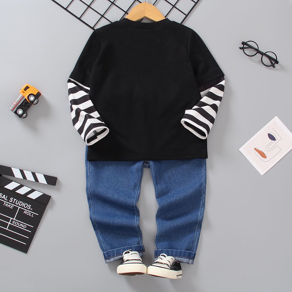 2pcs Toddler Boy Playful Denim Jeans and Faux-two Vehicle Print Striped Tee Set Black big image 2