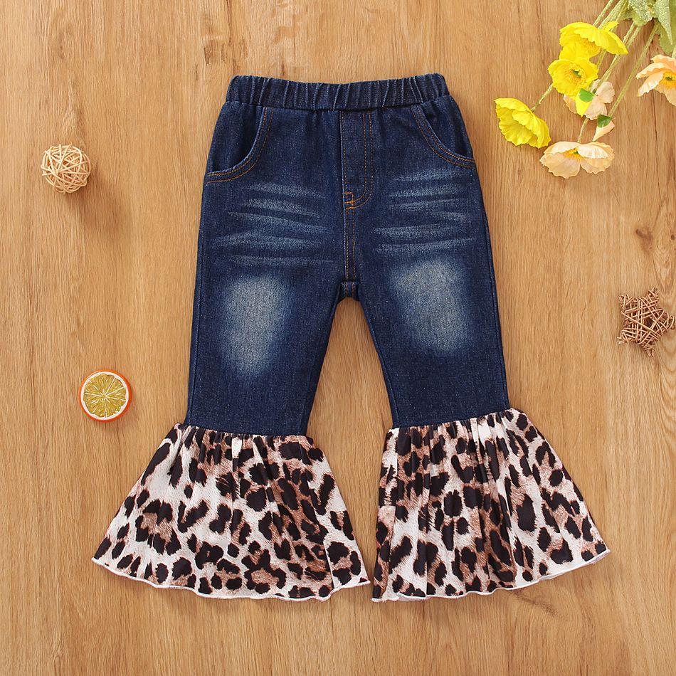 Toddler Girl Trendy Denim Leopard Print Splice Flared Jeans Blue