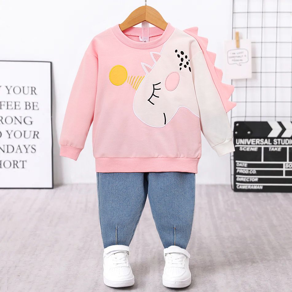 2pcs Toddler Girl Playful Denim Jeans and Unicorn Embroidered Sweatshirt Set Pink big image 1