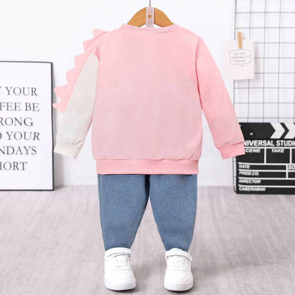 2pcs Toddler Girl Playful Denim Jeans and Unicorn Embroidered Sweatshirt Set Pink big image 2