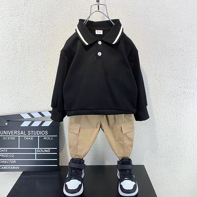 2pcs Kid Boy Polo Sweatshirt and Cargo Pants Set Black