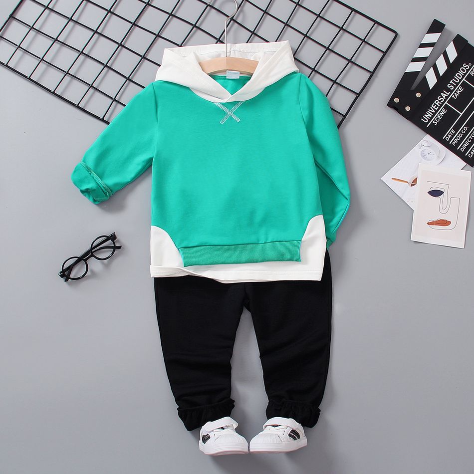 2pcs Toddler Boy Trendy Faux-two Colorblock Hoodie Sweatshirt and Pants Set Turquoise big image 2