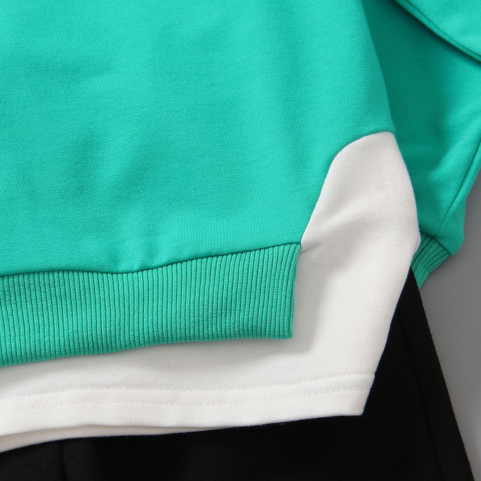 2pcs Toddler Boy Trendy Faux-two Colorblock Hoodie Sweatshirt and Pants Set Turquoise big image 4