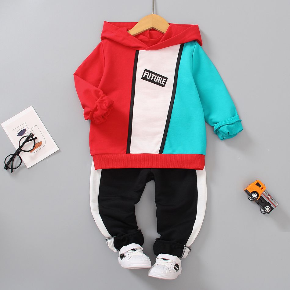 2pcs Toddler Boy Trendy Letter Print Colorblock Hoodie Sweatshirt and Pants Set Color block