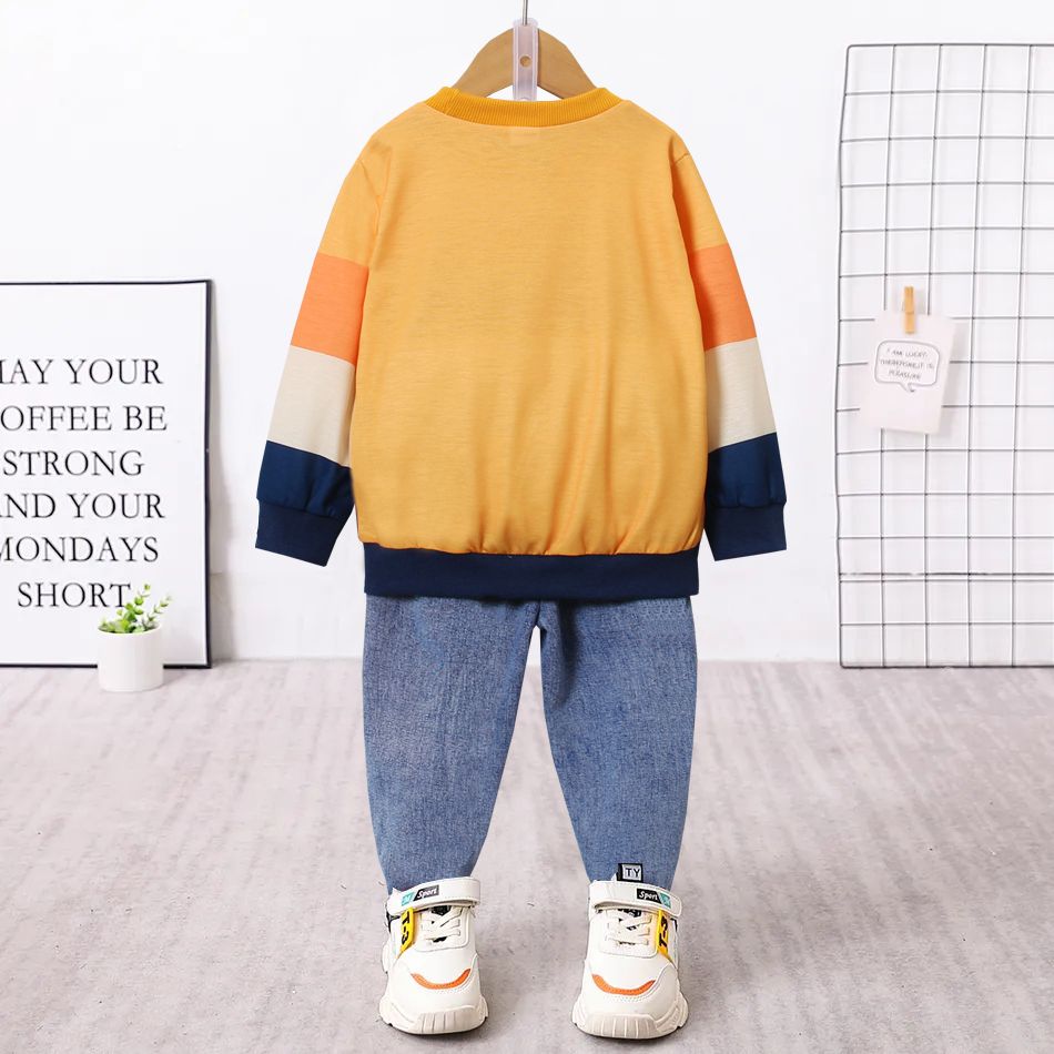 2pcs Toddler Boy Playful Ripped Denim Jeans and Animal Print Colorblock Sweatshirt Set Color block big image 2