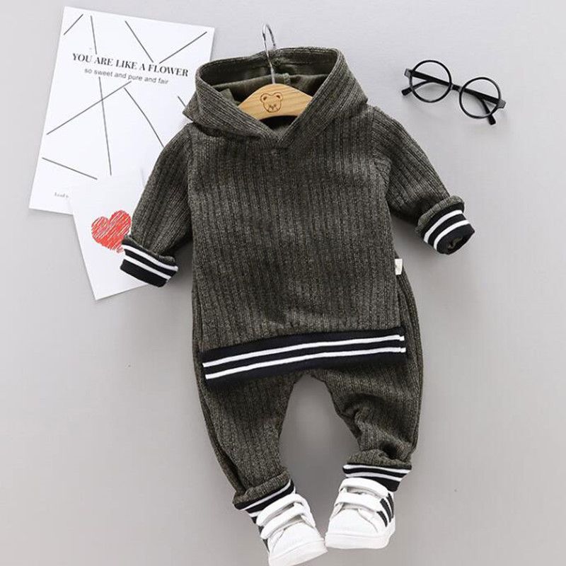 2-piece Toddler Girl/Boy Striped Knit Hoodie and Elasticized Pants Set Green