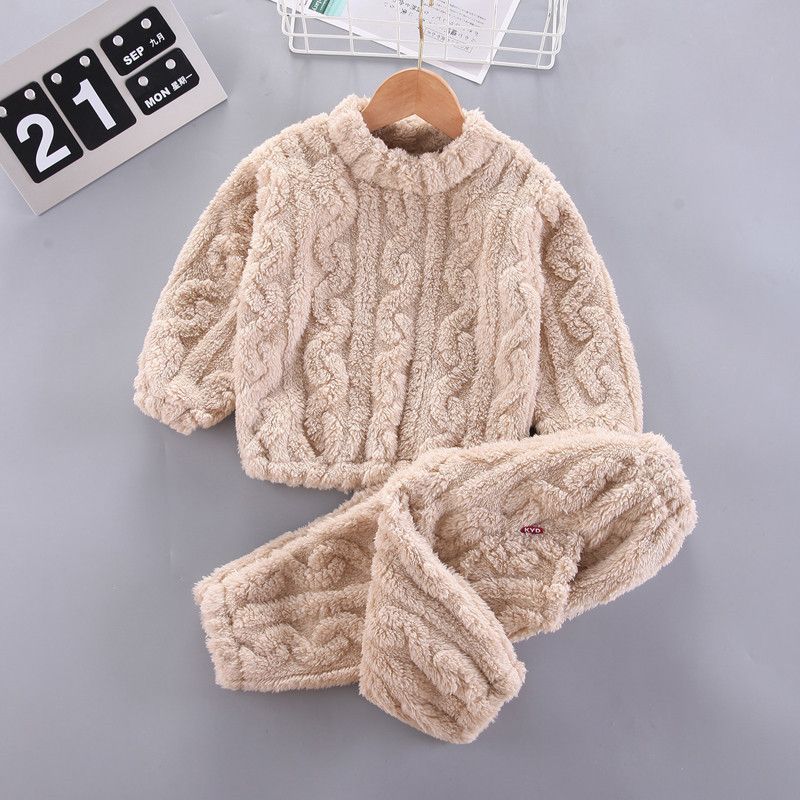 2pcs Fluffy Jacquard Solid Long-sleeve Pullover Top and Pants Beige or Khaki Toddler Set Beige