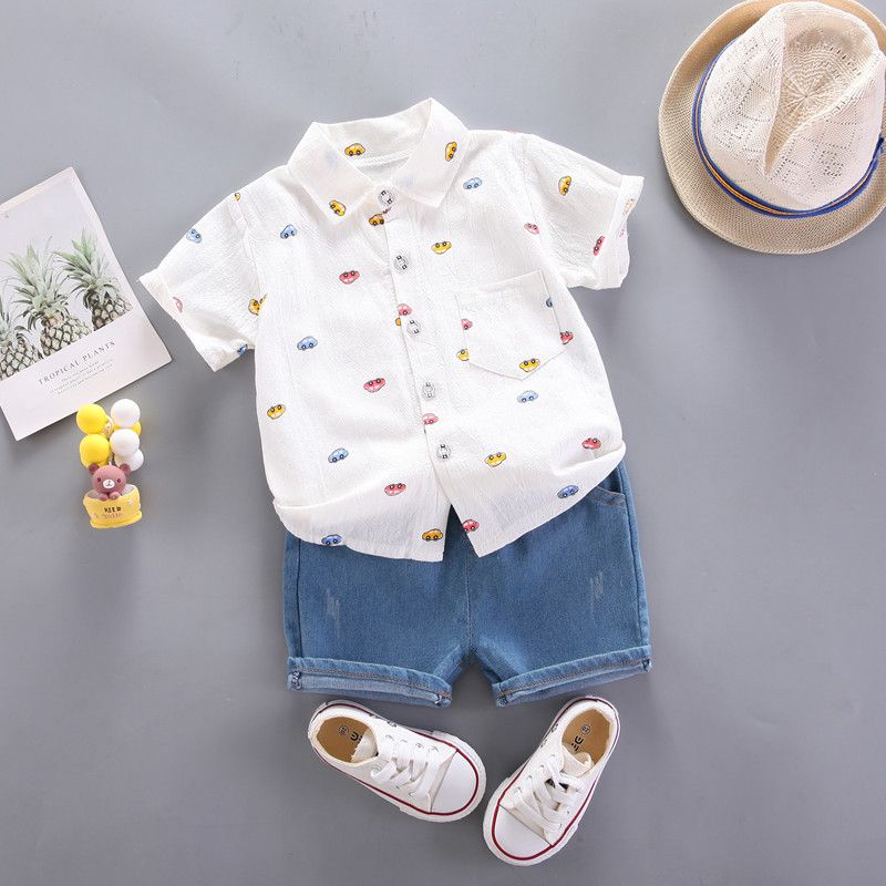2pcs Toddler Boy Playful Denim Shorts & Car Print Shirt Set White big image 2