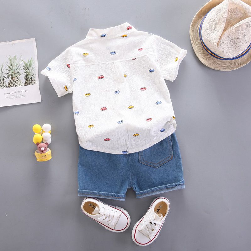 2pcs Toddler Boy Playful Denim Shorts & Car Print Shirt Set White big image 3