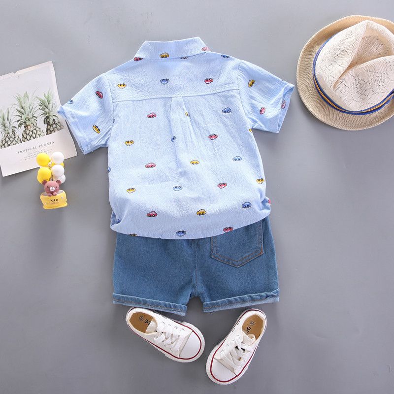 2pcs Toddler Boy Playful Denim Shorts & Car Print Shirt Set Blue big image 2