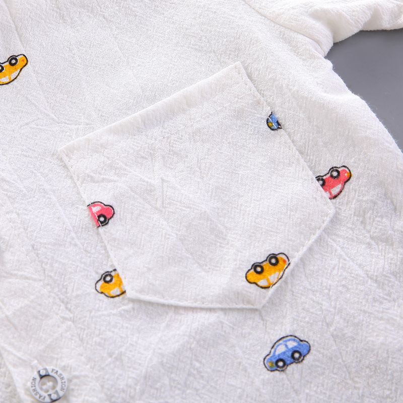 2pcs Toddler Boy Playful Denim Shorts & Car Print Shirt Set White big image 4