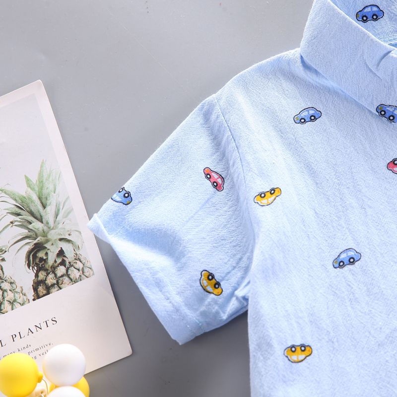 2pcs Toddler Boy Playful Denim Shorts & Car Print Shirt Set Blue big image 3