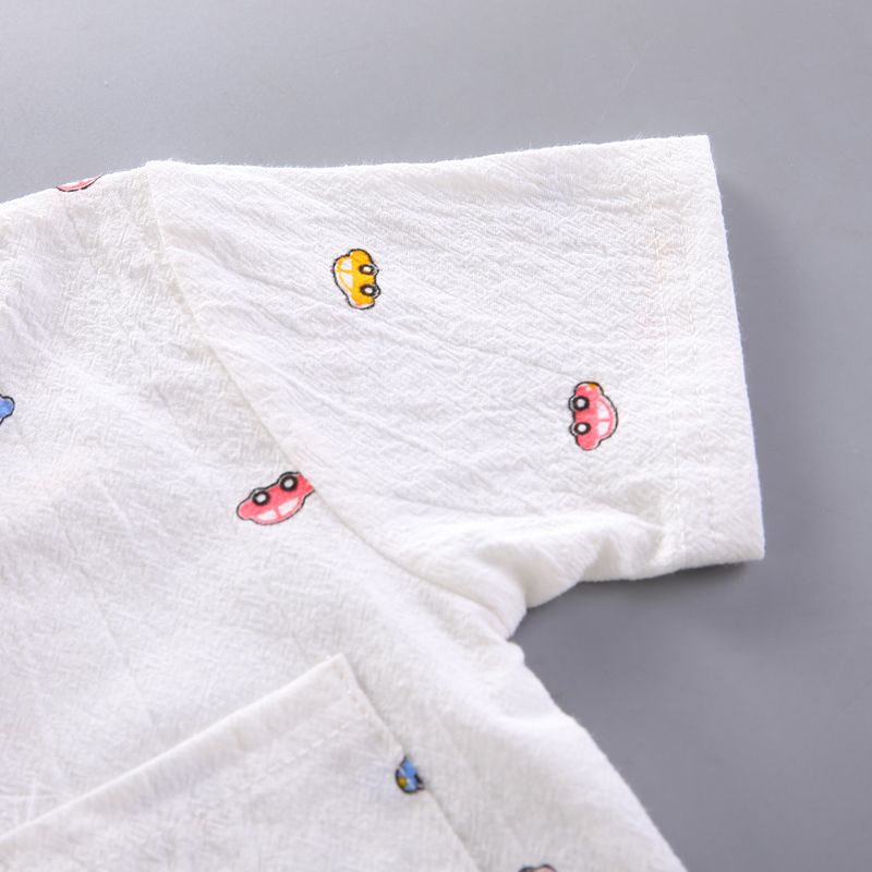 2pcs Toddler Boy Playful Denim Shorts & Car Print Shirt Set White big image 5