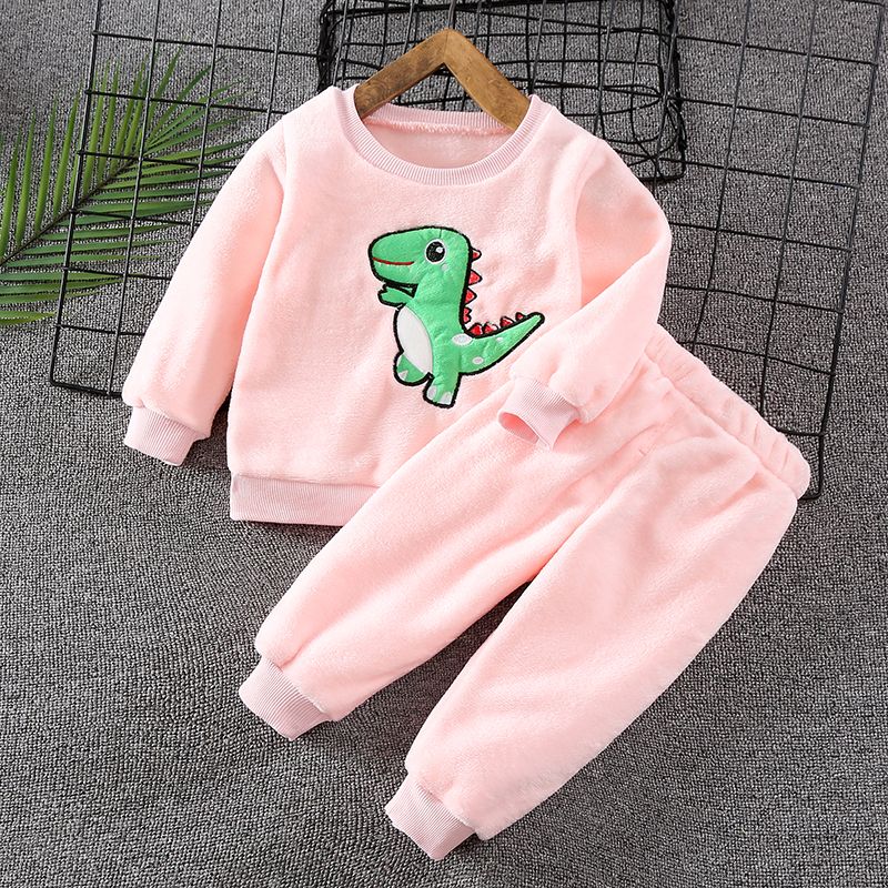 Toddler 2pcs Dinosaur Applique Fluffy Long-sleeve Top and Pants Home Set Pink