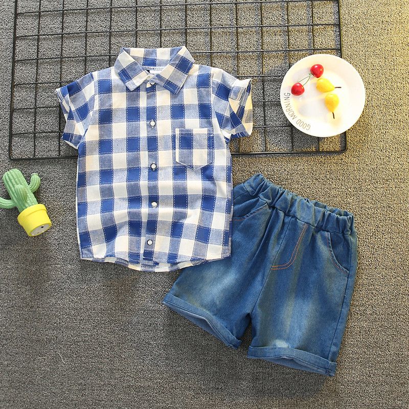 2-piece Toddler Boy Plaid Short-sleeve Short and Denim Shorts Set Blue big image 4