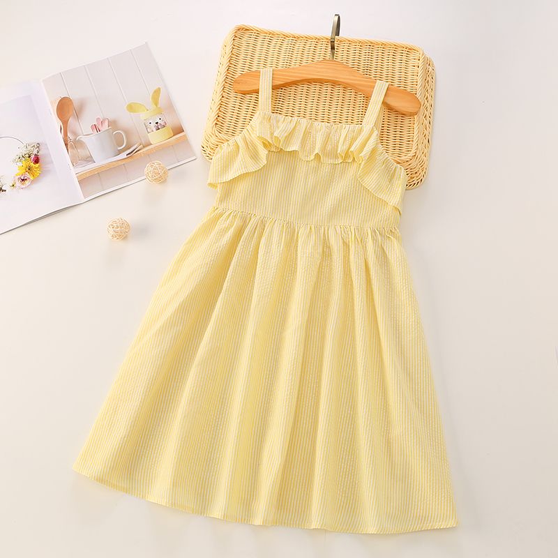 Pretty Kid Girl Flounced Stripes Solid Slip Dress Yellow