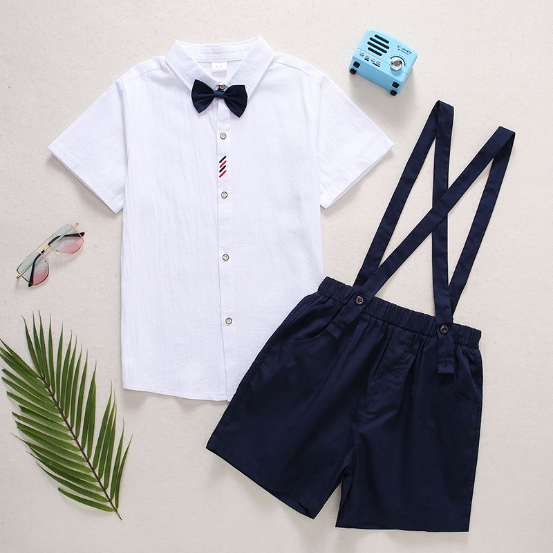 Conjunto de roupa de festa kid boy 100% algodão com gravata borboleta e shorts em geral Branco big image 1