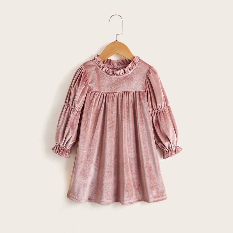 Toddler Girl Elegant Ruffle Collar Long-sleeve Velvet Dress Pink big image 1