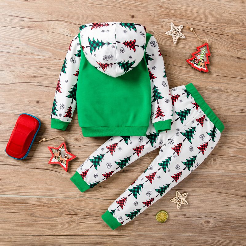 2pcs Toddler Boy Playful Christmas Tree Print Hoodie and Pants Set Green big image 2